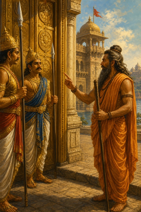 एक तेजस्वी ऋषि दंड लिए महल के स्वर्ण द्वार पर भालाधारी द्वारपालों से प्रवेश के लिए कह रहे हैं।