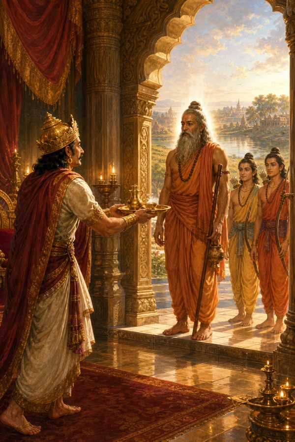 राजा दशरथ महल के द्वार पर मुनि विश्वामित्र का अर्घ्य-थाल से स्वागत करते हैं, पीछे धनुषधारी युवक खड़े हैं।