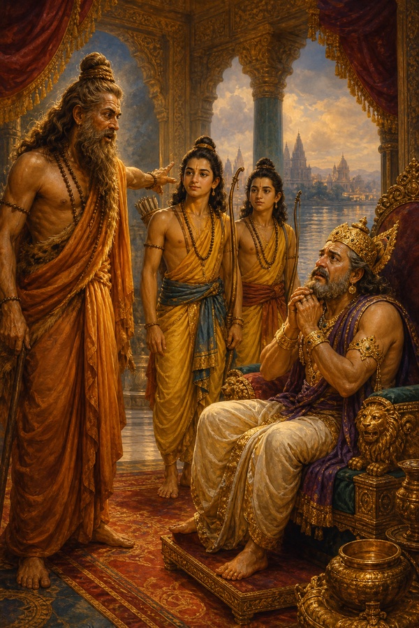 विश्वामित्र दरबार में राम और लक्ष्मण की ओर संकेत करते हैं, सिंहासन पर बैठे दशरथ हाथ जोड़े व्याकुल हैं।