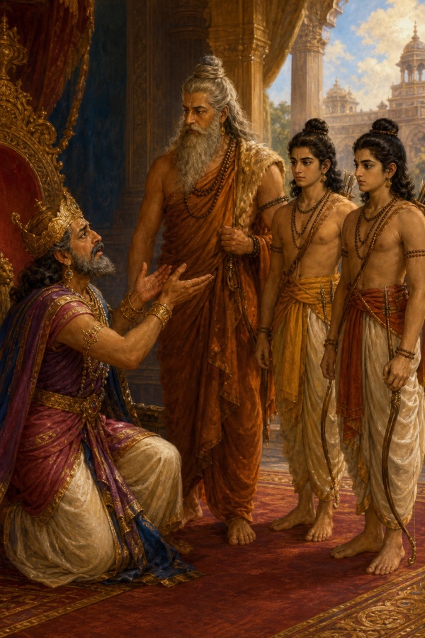 राजा दशरथ घुटनों पर बैठकर विश्वामित्र से विनती करते हैं, धनुष लिए राम और लक्ष्मण पास खड़े हैं।