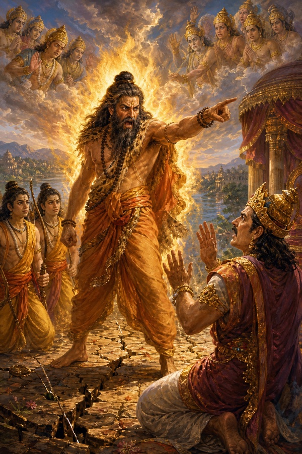 क्रोध से अग्नि-से दहकते विश्वामित्र उंगली उठाए खड़े हैं, दशरथ भयभीत होकर हाथ उठाते हैं, देवता बादलों से देखते हैं।