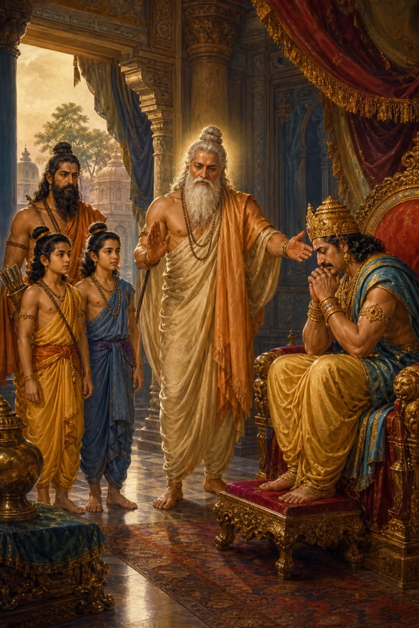 गुरु वशिष्ठ शोकाकुल दशरथ को समझा रहे हैं, विश्वामित्र राम-लक्ष्मण के साथ पीछे खड़े प्रतीक्षा करते हैं।