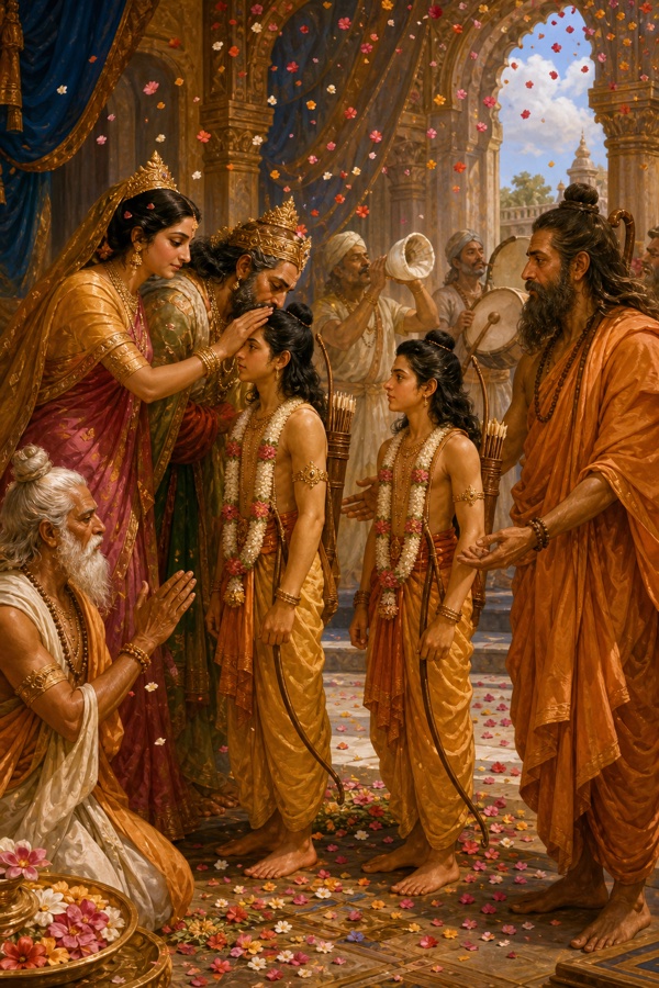 फूल बरसते आँगन में माता-पिता राम और लक्ष्मण को आशीर्वाद देकर विश्वामित्र के साथ विदा कर रहे हैं।