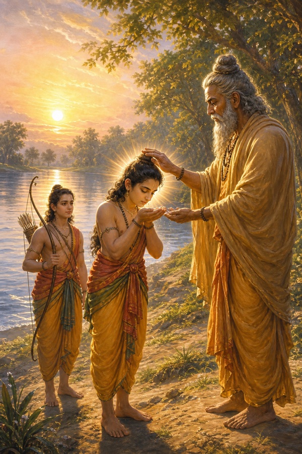 सरयू तट पर विश्वामित्र राम के सिर पर हाथ रखकर बला-अतिबला विद्या देते हैं, लक्ष्मण धनुष लिए देखते हैं।