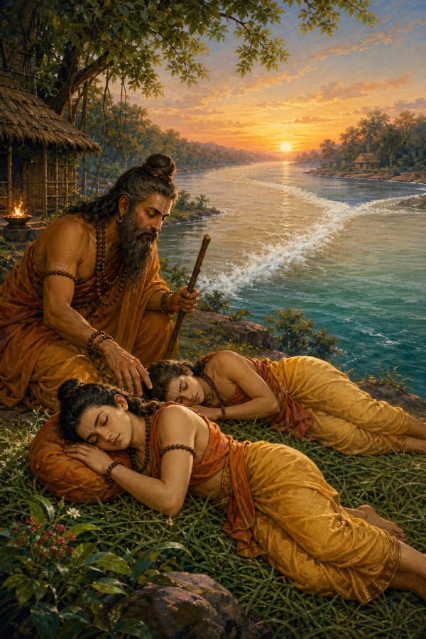 नदी-संगम के किनारे घास पर सोए राम-लक्ष्मण को विश्वामित्र स्नेह से निहार रहे हैं, पीछे कुटिया है।
