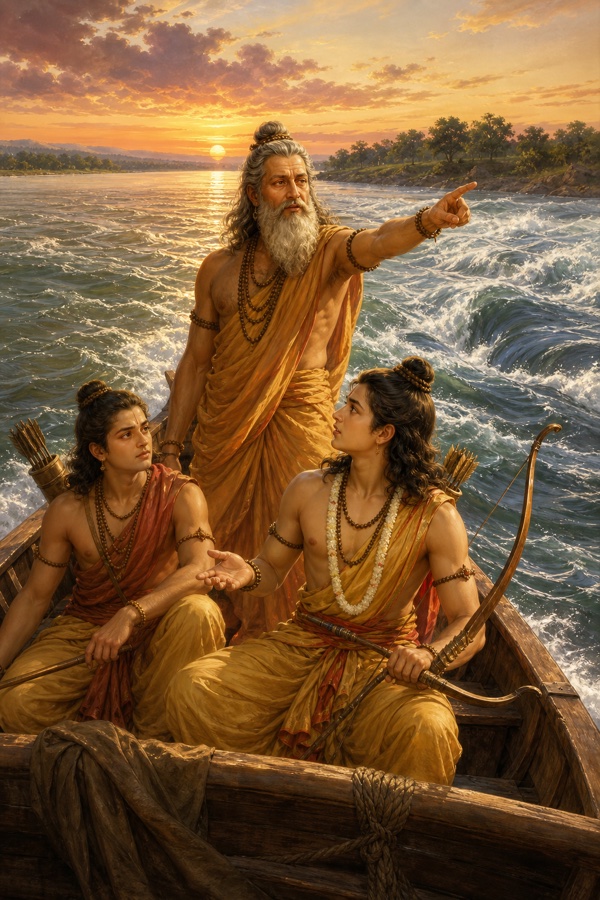 नाव में खड़े विश्वामित्र गरजते नदी-संगम की ओर संकेत करते हैं, राम और लक्ष्मण जिज्ञासा से देखते हैं।