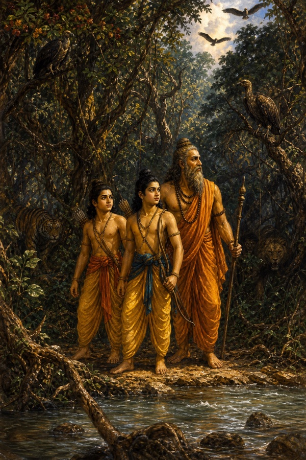विश्वामित्र राम-लक्ष्मण के साथ घने भयानक वन से गुजर रहे हैं, झाड़ियों में बाघ, सिंह और गिद्ध छिपे हैं।