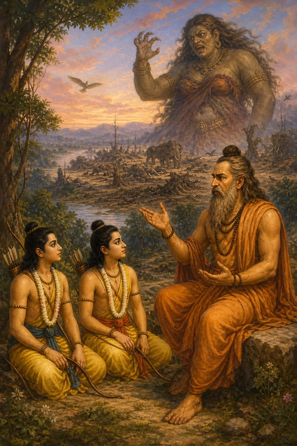 विश्वामित्र राम-लक्ष्मण को ताड़का की कथा सुनाते हैं, ऊपर उजड़ी धरती पर विशाल राक्षसी का दृश्य उभरता है।
