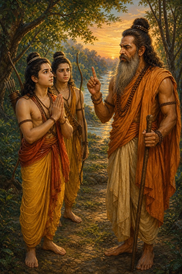 वन में विश्वामित्र उंगली उठाकर राम को ताड़का-वध की आज्ञा देते हैं, राम हाथ जोड़े सुनते हैं।