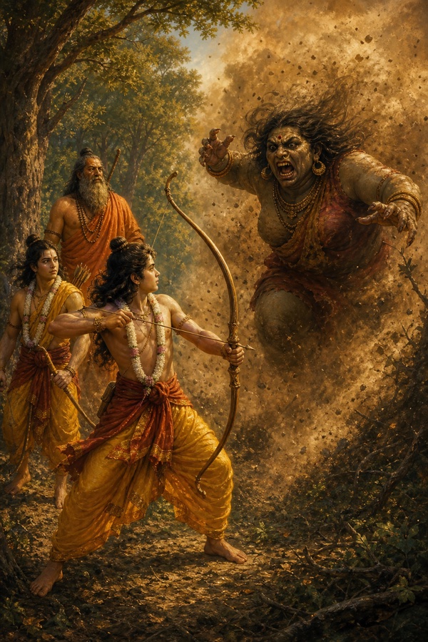 धूल के बवंडर से झपटती ताड़का पर राम धनुष तानते हैं, लक्ष्मण और विश्वामित्र पीछे खड़े हैं।