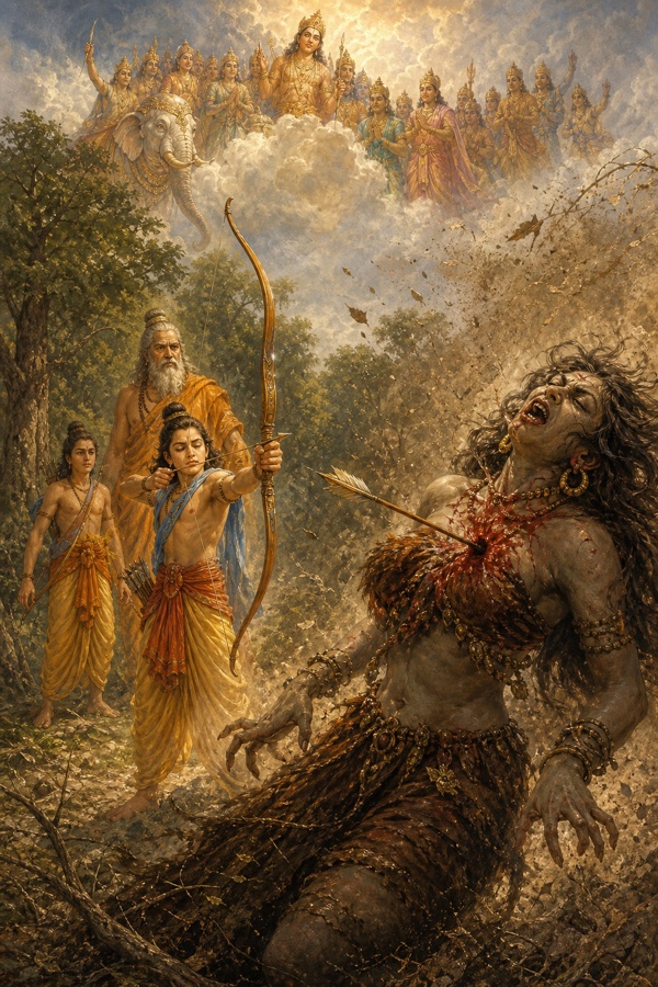 राम के बाण से छाती बिंधी ताड़का गिर रही है, बादलों से ऐरावत पर देवता देख रहे हैं।