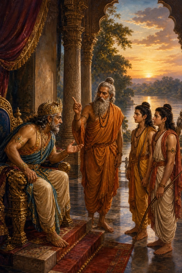दरबार में विश्वामित्र दशरथ से बात करते हैं, राजा सिंहासन से झुककर हाथ बढ़ाते हैं, राम-लक्ष्मण धनुष लिए खड़े हैं।