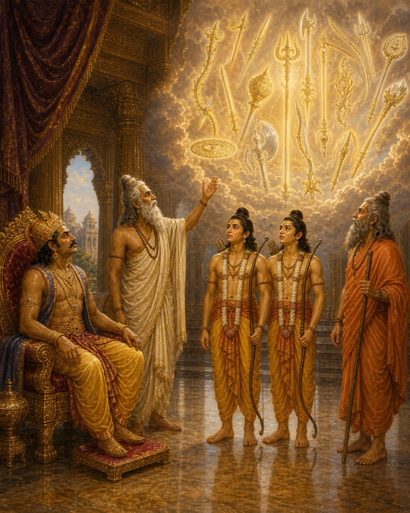 वशिष्ठ आकाश में दमकते दिव्य अस्त्रों की ओर हाथ उठाते हैं, सिंहासन पर दशरथ, पास राम-लक्ष्मण और विश्वामित्र खड़े हैं।