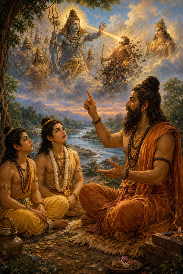 विश्वामित्र राम-लक्ष्मण को शिव द्वारा कामदेव के भस्म होने की कथा सुनाते हैं, बादलों में वही दृश्य उभरता है।
