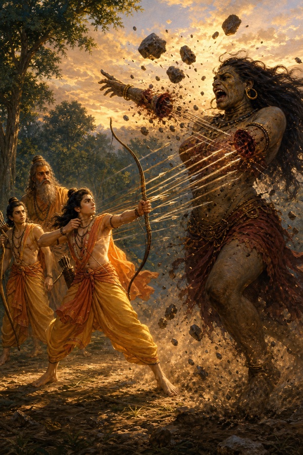 राम के बाणों से ताड़का की भुजाएँ कट गई हैं, वह धूल में बिखरती चीखती है, लक्ष्मण पीछे हैं।