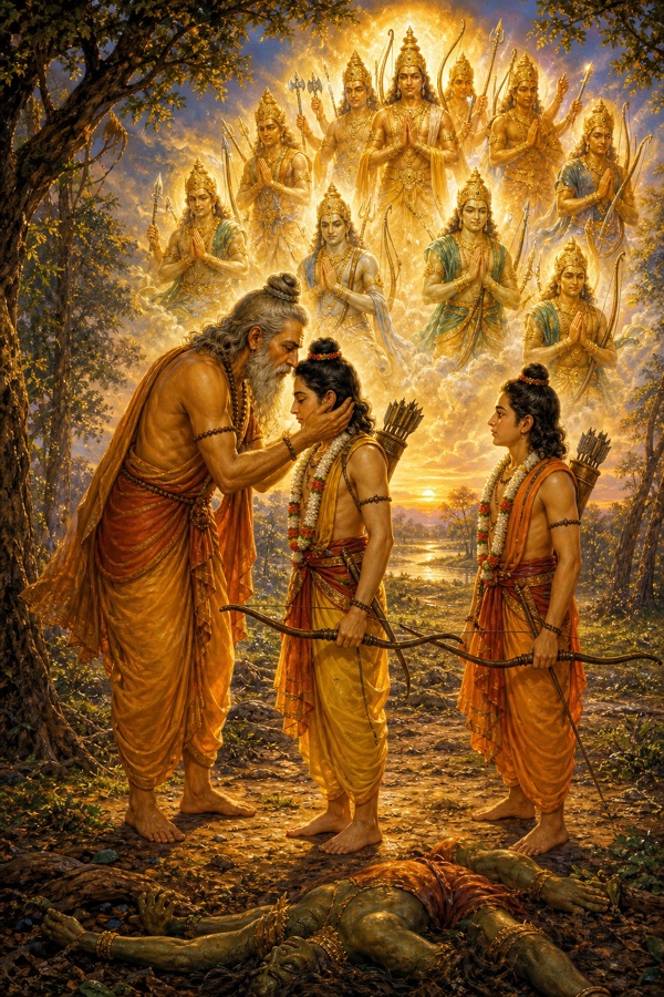 ताड़का के वध के बाद विश्वामित्र राम का मस्तक थामकर आशीर्वाद देते हैं, आकाश में देवता प्रकट होकर सराहते हैं।