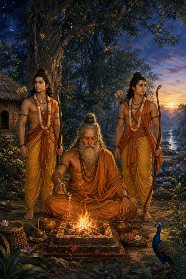 रात में विश्वामित्र यज्ञ-कुंड में आहुति डाल रहे हैं, राम और लक्ष्मण धनुष लिए पहरा दे रहे हैं।