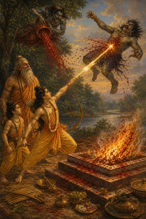 मारीच यज्ञ-वेदी पर रक्त उँडेलता है और राम का जलता बाण सुबाहु की छाती बेध देता है।