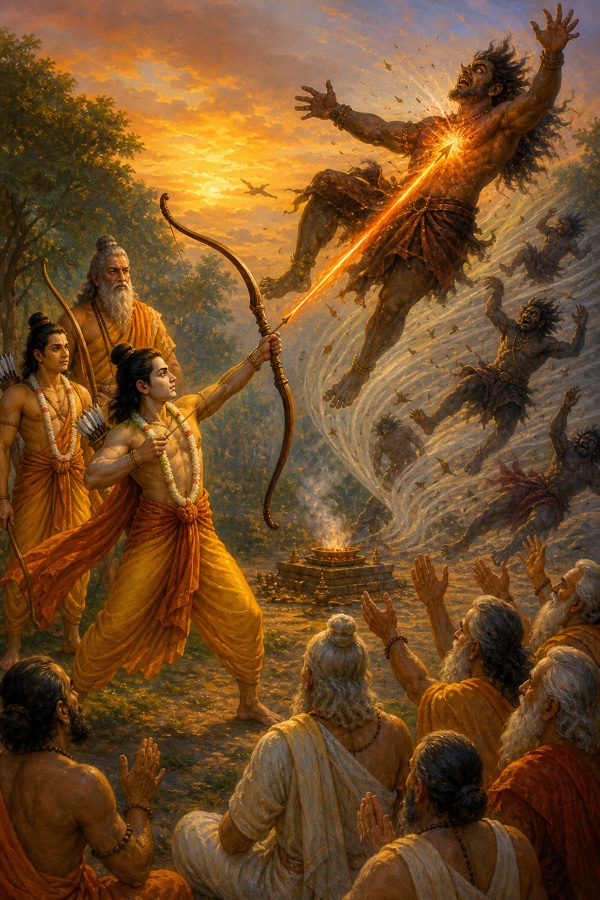 राम का तेजस्वी बाण मारीच को आकाश में दूर उछाल देता है, ऋषि हाथ उठाकर हर्ष प्रकट करते हैं।