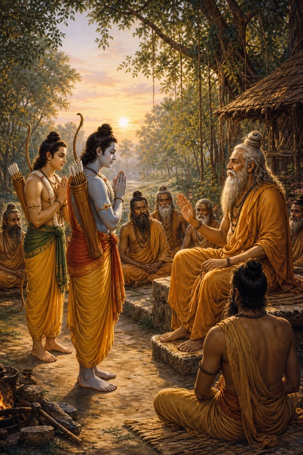 राम और लक्ष्मण हाथ जोड़े आश्रम में आसन पर बैठे मुनि विश्वामित्र के सम्मुख खड़े हैं, चारों ओर ऋषिगण।