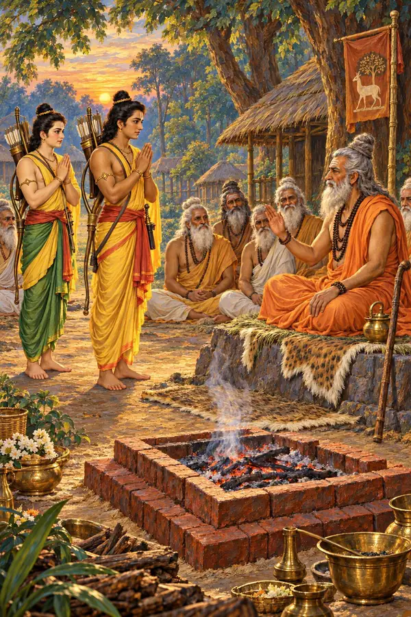 राम और लक्ष्मण हाथ जोड़े आश्रम में आसन पर बैठे मुनि विश्वामित्र के सम्मुख खड़े हैं, चारों ओर ऋषिगण।
