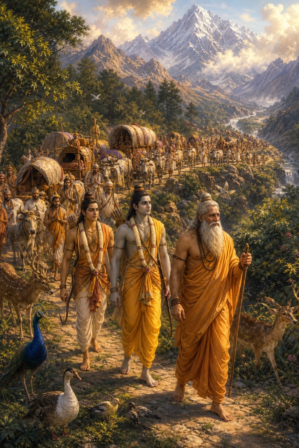 विश्वामित्र राम और लक्ष्मण के साथ पहाड़ी मार्ग पर आगे चलते हुए, पीछे ऋषियों और बैलगाड़ियों का लंबा काफ़िला।