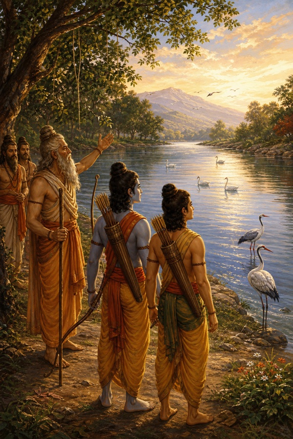 नदी-किनारे विश्वामित्र हाथ उठाकर राम और लक्ष्मण को सामने फैला जल दिखाते हुए, पानी में हंस और सारस तैरते।
