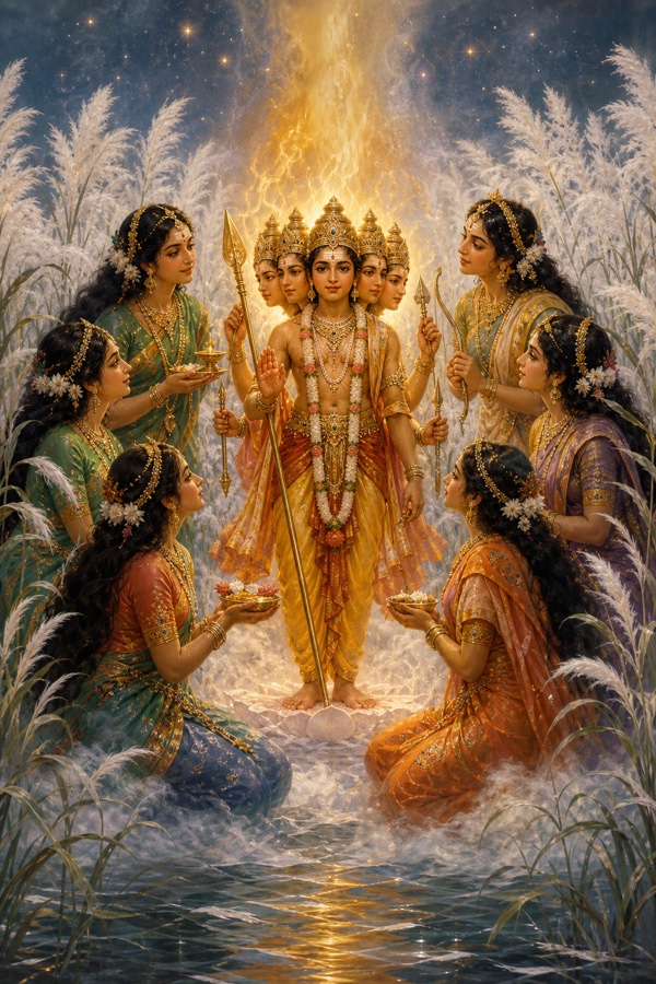 छह मुखों वाले बालक कार्तिकेय सरकंडों के वन में खड़े, चारों ओर छह कृत्तिकाएँ दीप और पुष्प लिए झुकी हुईं।