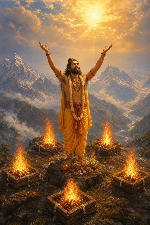 भगीरथ पर्वत-शिखर पर पाँच अग्नि-कुंडों के बीच दोनों भुजाएँ उठाकर सूर्य की ओर देखते हुए कठोर तपस्या करते।