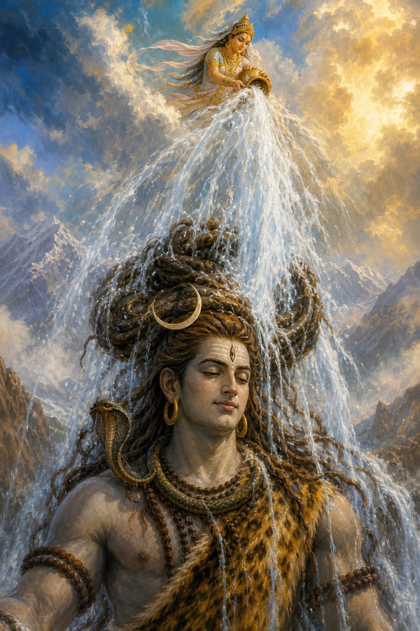 आकाश से कलश उड़ेलती देवी गंगा की प्रचंड धारा नीचे खड़े शिव की खुली जटाओं पर उतरती हुई।