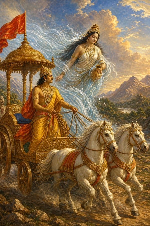 भगीरथ स्वर्ण रथ पर आगे बढ़ते हुए, पीछे देवी रूप में गंगा की धारा उनके साथ बहती आती।