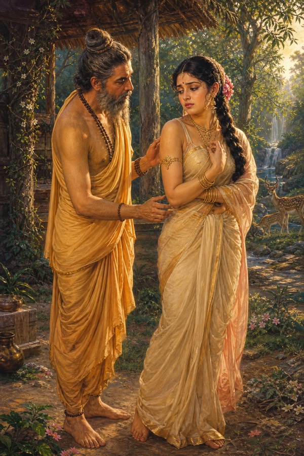 ऋषि गौतम के वेश में इंद्र वन-आश्रम में संकोच से खड़ी अहल्या की ओर हाथ बढ़ाते हुए।