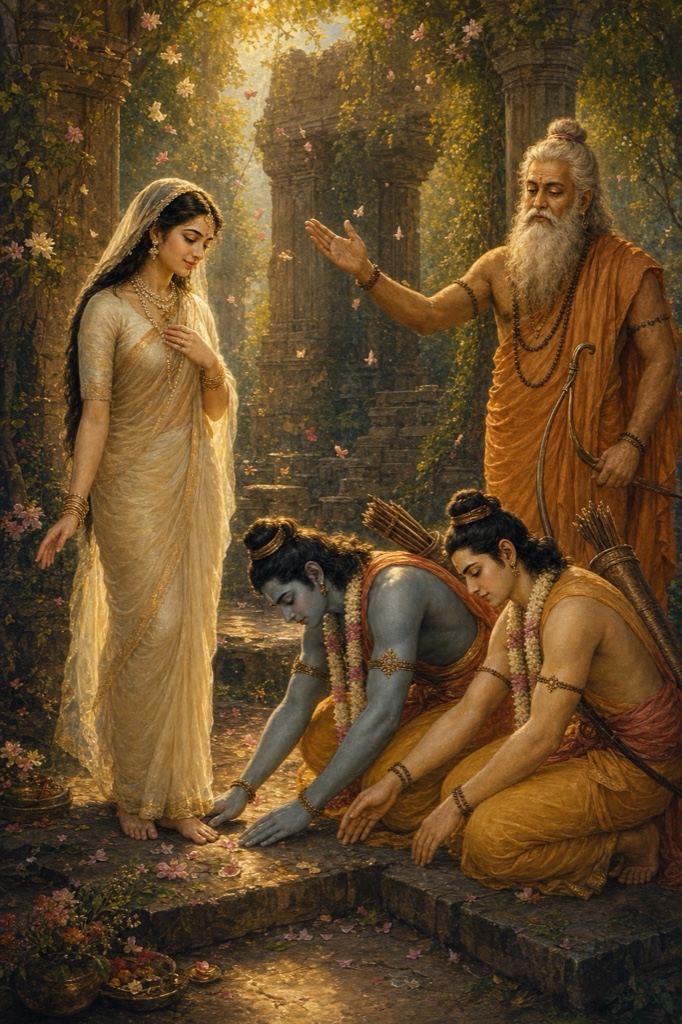 शाप से मुक्त हुई अहल्या पुष्प-वर्षा में खड़ी हैं, राम और लक्ष्मण उनके चरणों में झुके, पीछे विश्वामित्र।