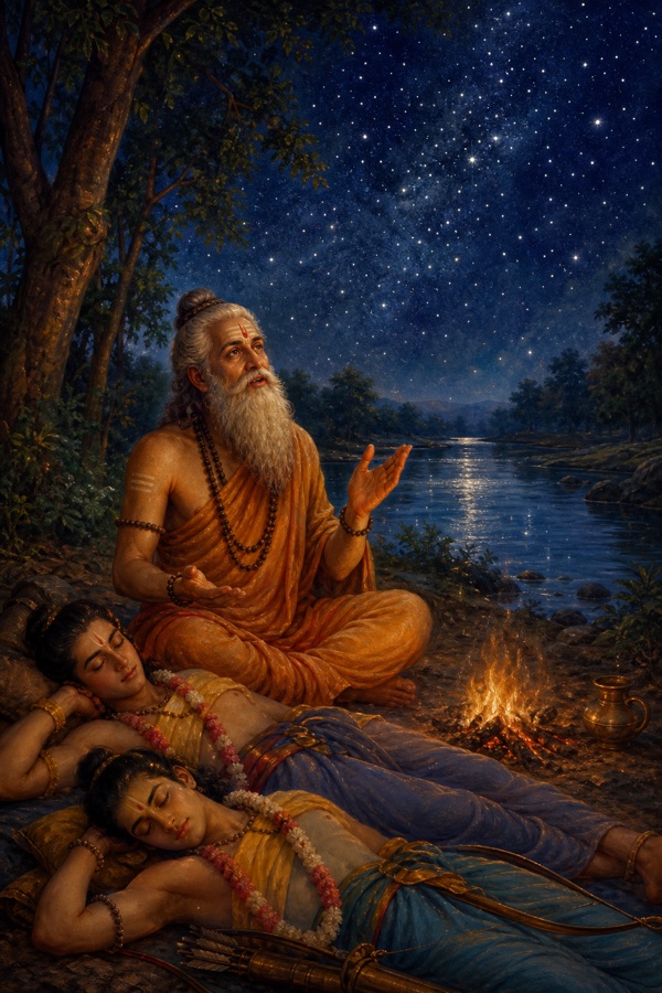 तारों भरी रात में नदी-किनारे विश्वामित्र कथा कहते हुए, अलाव के पास राम और लक्ष्मण सोए हुए हैं।