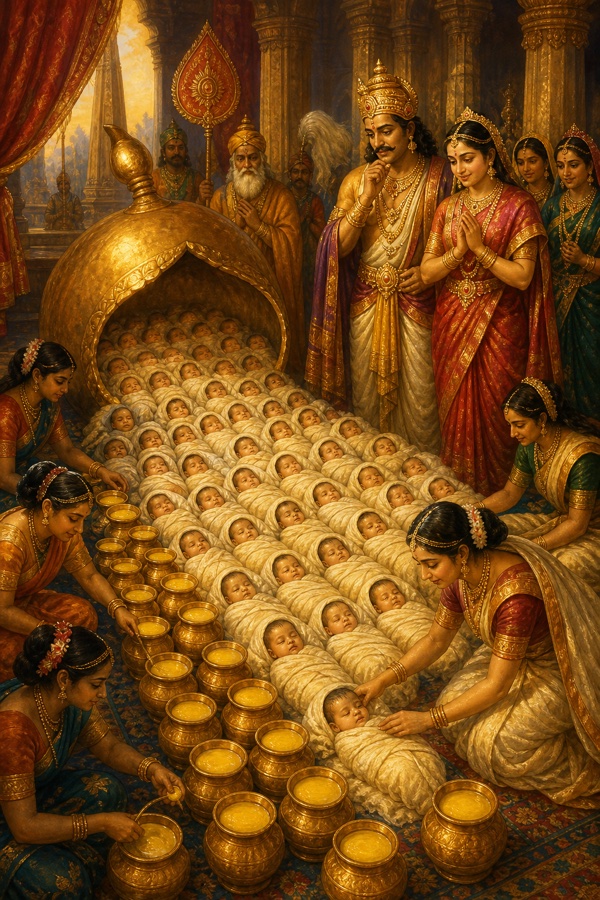 राजा सगर और रानी के सम्मुख स्वर्ण तूंबी से निकले असंख्य नवजात शिशु, स्त्रियाँ घी के कलश भरती हुईं।