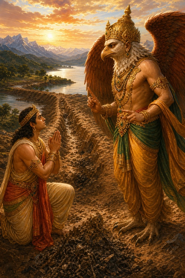 गरुड़ राख की ढेरी के पास हाथ जोड़े बैठे राजकुमार अंशुमान को गंगा लाने का उपाय बताते हुए।