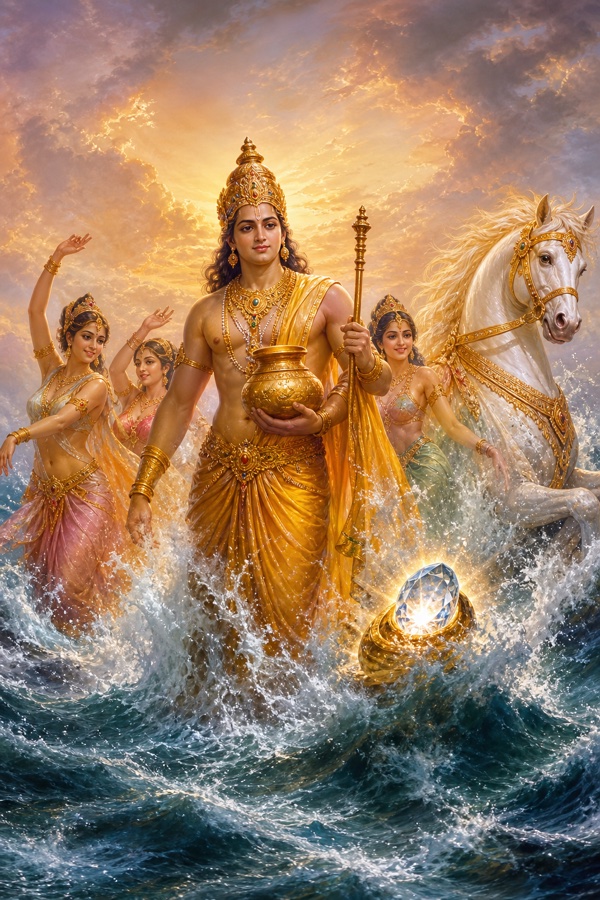 मंथन के सागर से अमृत-कलश लिए धन्वंतरि प्रकट होते हुए, संग अप्सराएँ, श्वेत अश्व और चमकती मणि।