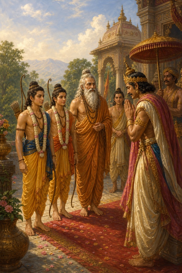छत्र के नीचे खड़े राजा हाथ जोड़कर विश्वामित्र और माला पहने राम-लक्ष्मण का स्वागत करते हुए।