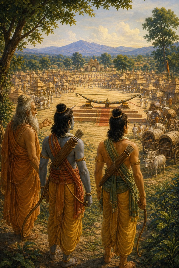विश्वामित्र राम और लक्ष्मण को मिथिला का यज्ञ-प्रांगण दिखाते हुए, दूर मंच पर विशाल धनुष सजा रखा है।