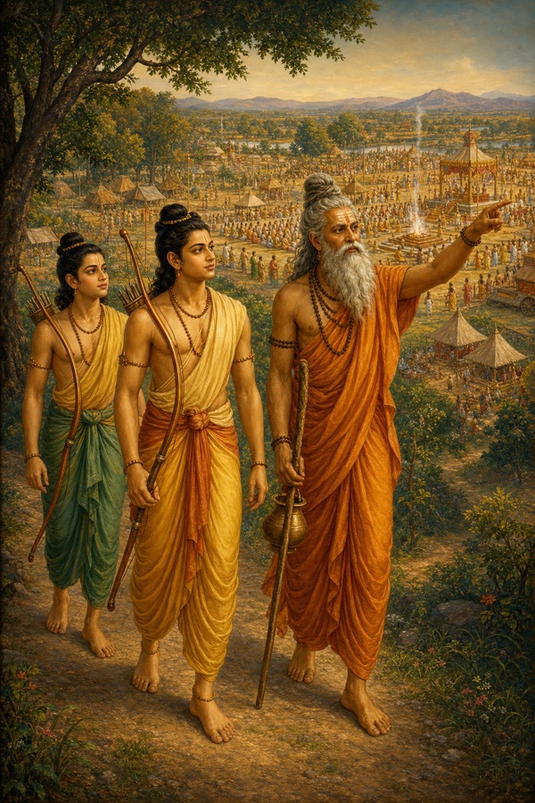 विश्वामित्र ऊँचे मार्ग से राम और लक्ष्मण को नीचे फैला यज्ञ-नगर दिखाते हुए, दूर मंडप और धूम्र उठता।