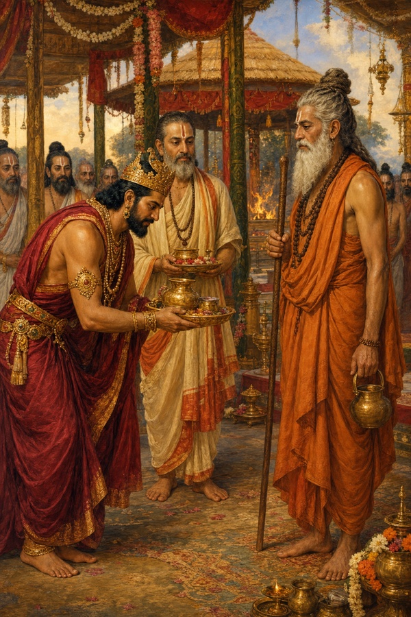 मुकुटधारी राजा जनक झुककर मुनि विश्वामित्र को स्वर्ण पात्रों में पूजा-सामग्री अर्पित करते हुए, बीच में पुरोहित खड़े।