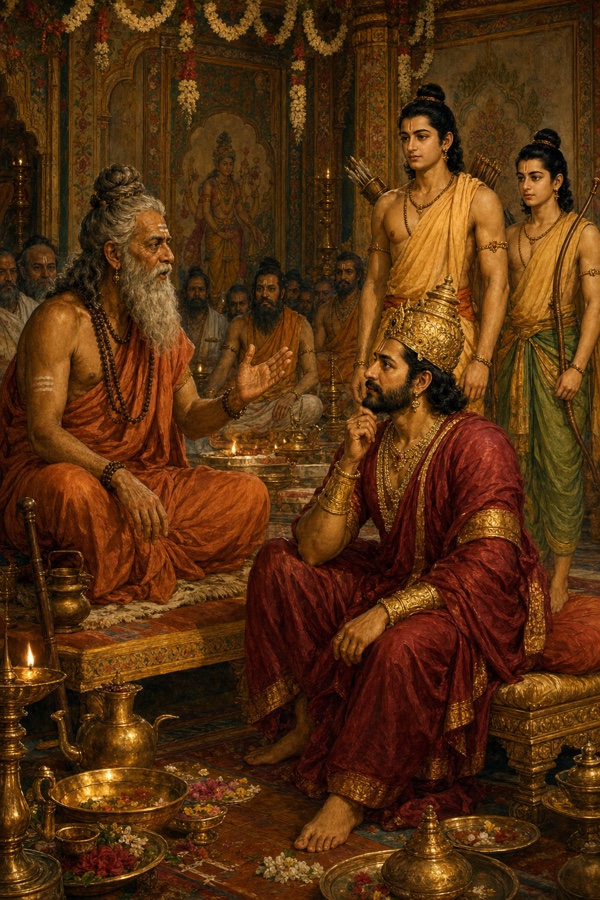 आसन पर बैठे मुनि विश्वामित्र राजा जनक से संवाद करते हुए, पीछे तरकश बाँधे राम और लक्ष्मण खड़े।