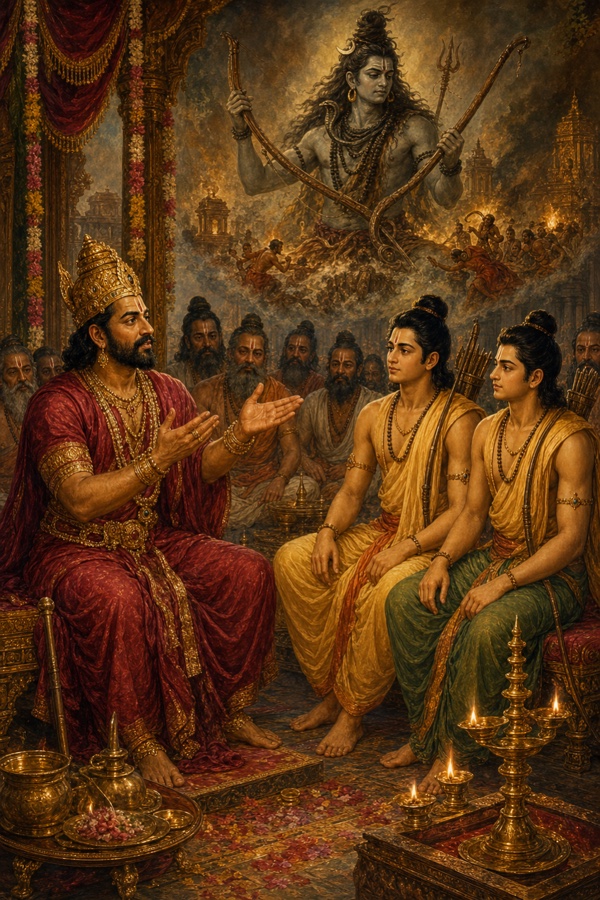 राजा जनक हाथ फैलाकर शिव-धनुष की कथा सुनाते हुए, ऊपर धनुष थामे शिव का दिव्य रूप, सामने राम-लक्ष्मण बैठे।