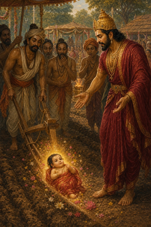 हल से खिंची रेखा में फूलों के बीच लेटी तेजोमय कन्या सीता की ओर राजा जनक हाथ बढ़ाते हुए।