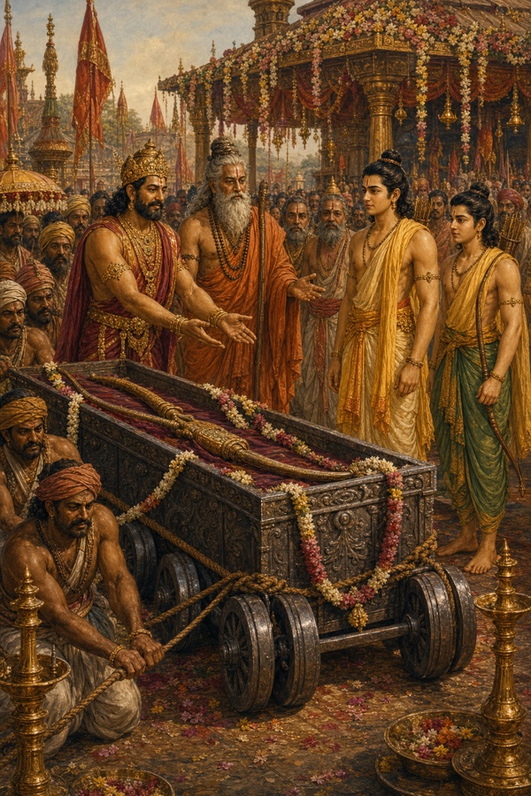 मालाओं से सजी पहिएदार लोहे की पेटी में रखा विशाल धनुष रस्सों से खींचते बलिष्ठ पुरुष, पास राजा जनक।