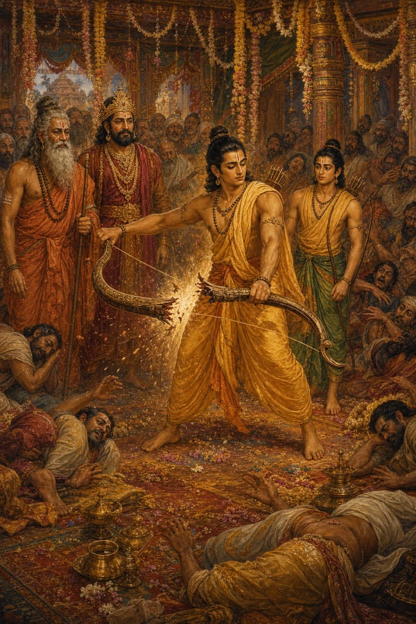 प्रत्यंचा चढ़ाते ही शिव-धनुष चिनगारियों के साथ टूटता हुआ, गर्जना से सभासद भूमि पर गिर पड़े, राम बीच में खड़े।
