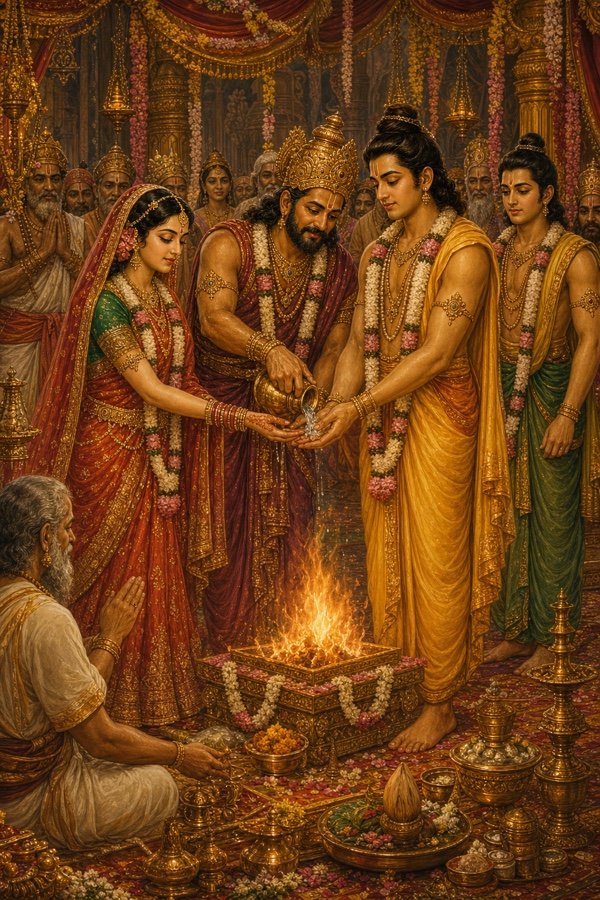 राजा जनक अग्नि के सामने राम की हथेली पर जल छोड़कर कन्यादान करते हुए, पास वधू-वेश में सीता खड़ी।