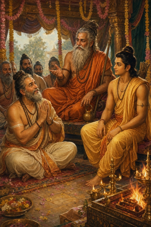 ऊँचे आसन पर बैठे मुनि विश्वामित्र कथा कहते हुए, सामने हाथ जोड़े भावविभोर वृद्ध ब्राह्मण, पास बैठे युवा राजकुमार।