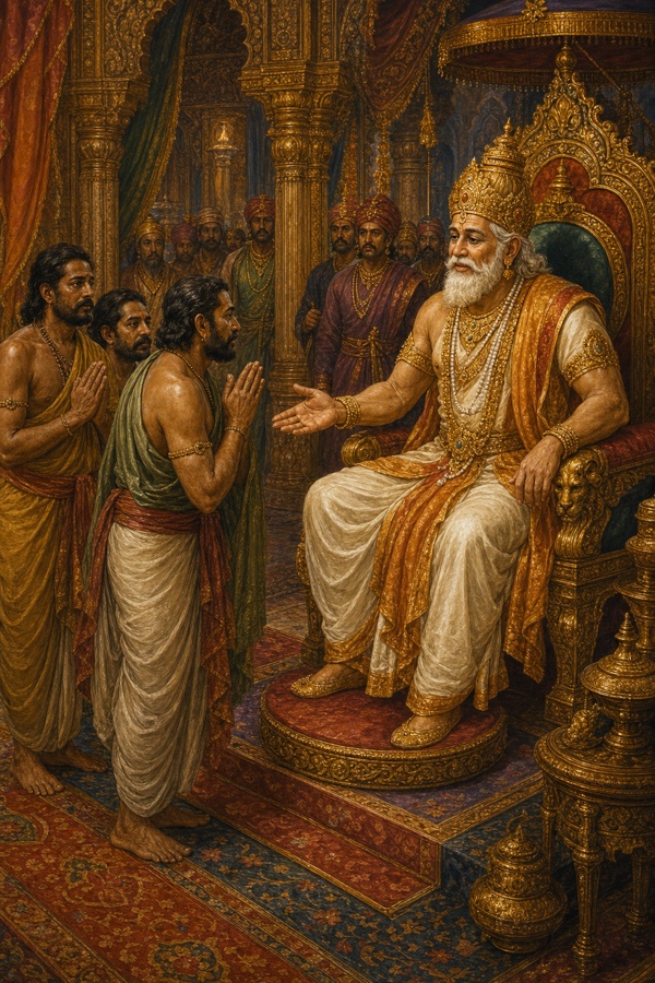 सिंहासन पर बैठे वृद्ध राजा दशरथ हाथ बढ़ाकर सम्मुख हाथ जोड़े खड़े मिथिला के दूतों की बात सुनते हुए।