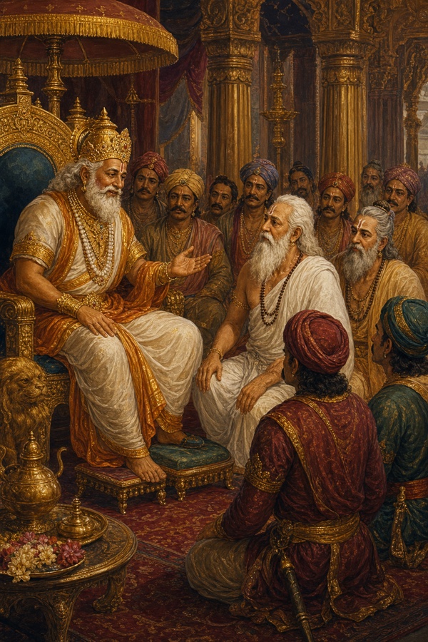छत्र के नीचे सिंहासन पर बैठे राजा दशरथ श्वेत वस्त्रधारी वृद्ध मुनि और सभासदों से मंत्रणा करते हुए।